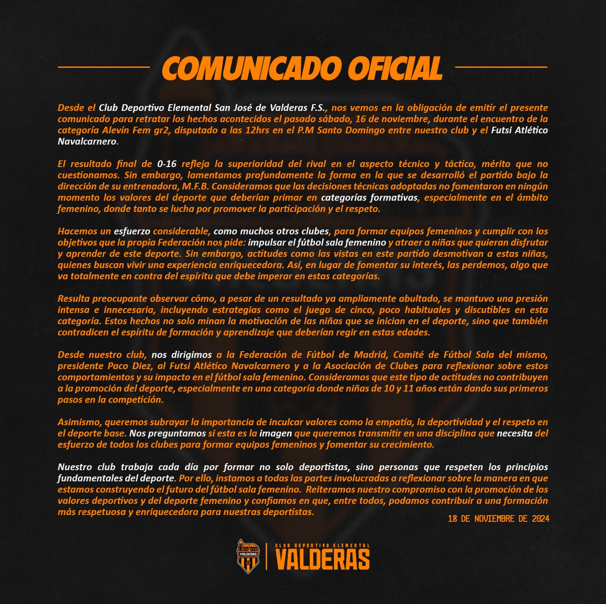 valderas_fs's tweet photo. COMUNICADO OFICIAL | ✍️

@RFFM_FutbolSala @RFFM_oficial @futsi_atletico @PacoDiezRFFM @amcfs_mad 

#🟠⚫️ https://t.co/9KCklBuhG7