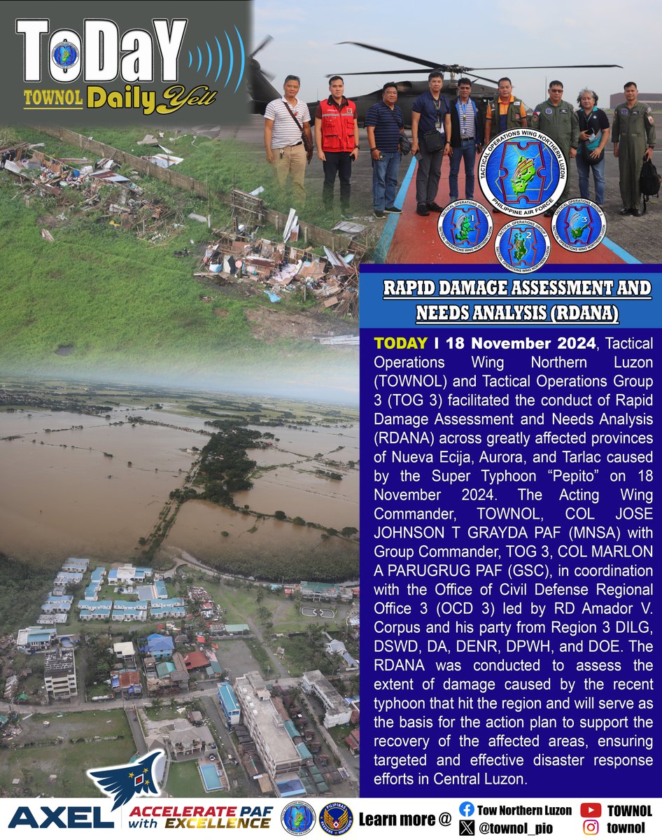townol_pio's tweet photo. ππππππ πππππ ππππ (πππππ) l 18 NOVEMBER 2024 l RAPID DAMAGE ASSESSMENT AND NEEDS ANALYSIS (RDANA)
#townoltoday
#PAFyoucanTRUST
#AFPyoucanTRUST
#GuardiansofourPreciousSkies
#AcceleratewithExcellence https://t.co/NdQP9FR9Tb