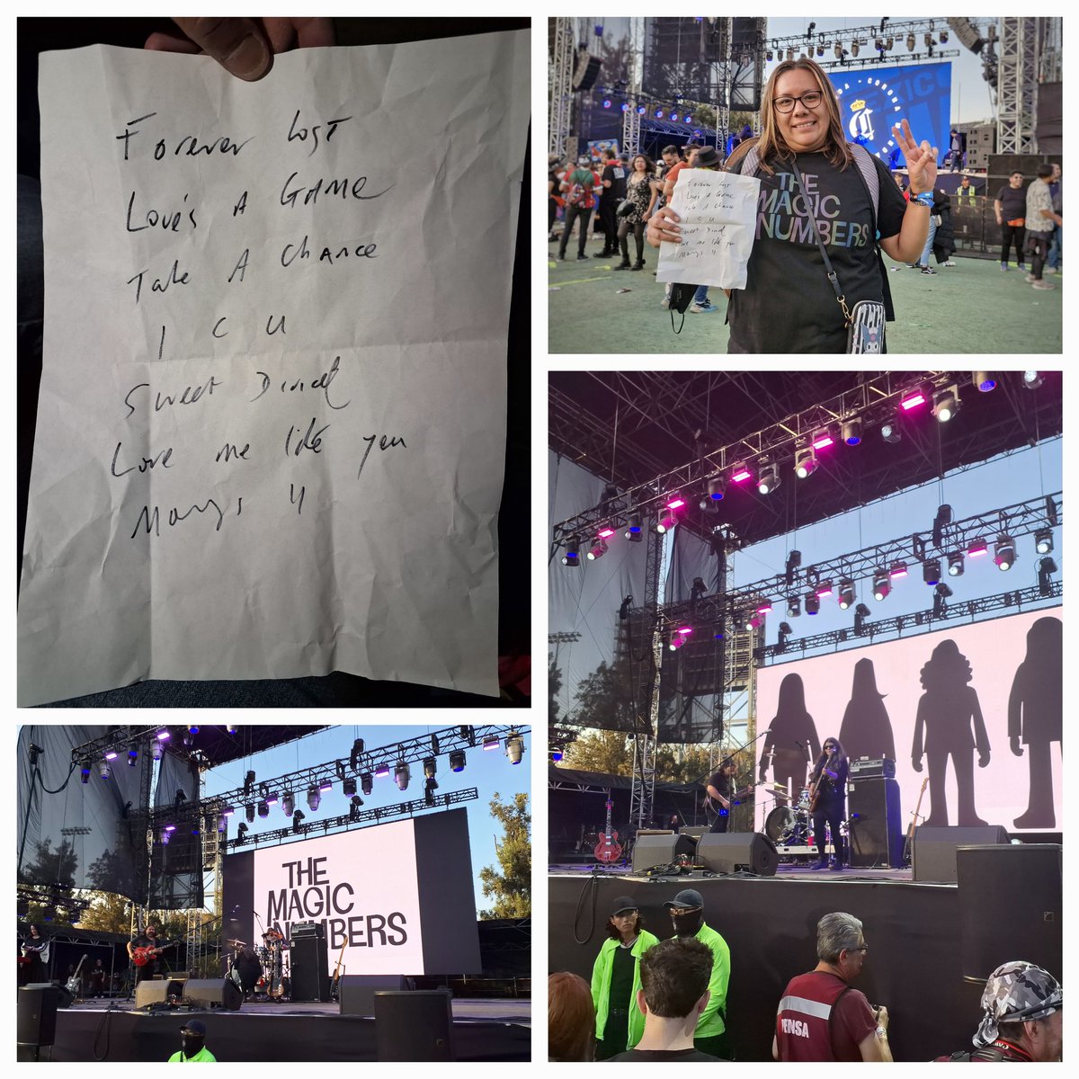 reyes_mildret's tweet photo. All that I'd ever seen, all that I've ever been, all that I ever was... Oh, I would die for you @themagicnumbers
Thanks! I have got it, your setlist!!! Amazing concert. I love you. #CoronaCapital24 #TheMagicNumbers https://t.co/RsKZxSxhTo