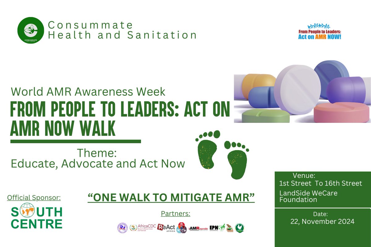On Nov. 22, We will WALK to raise awareness on #AMR and present the call to action “From People to Leaders: Act on AMR Now” to our Policymakers, stakeholders and youth groups in Liberia.

Together, we educate, advocate, and Act on the inappropriate use of antimicrobials.