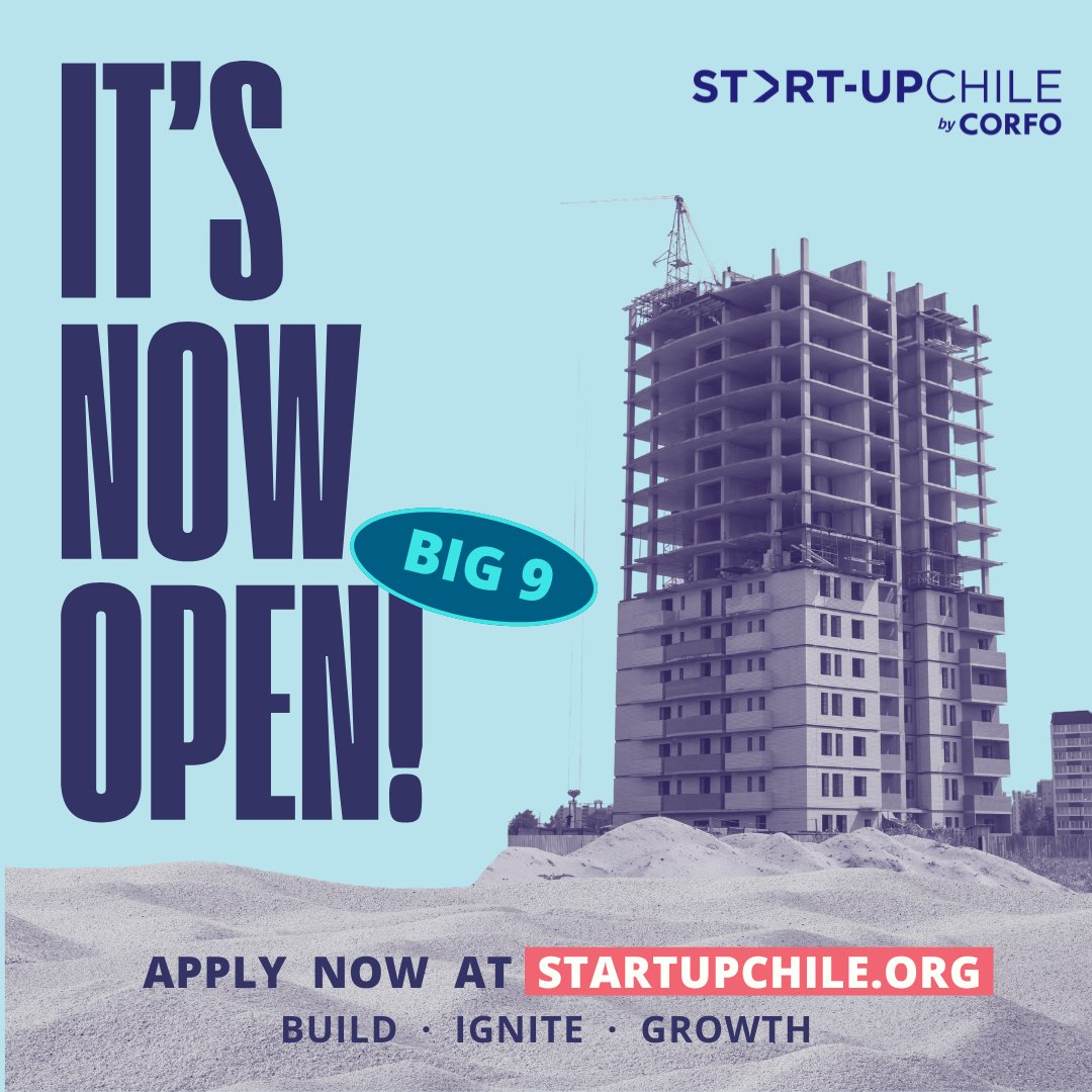 Do you have a tech based entrepreneurship? Don’t miss the chance to apply to Start-Up Chile by Corfo.
The applications for the BIG 9 program will be open until November 29th. Read the T&amp;Cs that apply at startupchile.org or corfo.cl.
#ThinkBIG  #startups