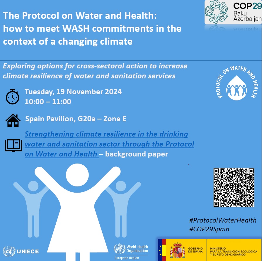 UNECE_Water's tweet photo. 🌍💧 Join us tomorrow for an insightful @COP29_AZ side event:
The Protocol on Water and Health: Meeting WASH Commitments in a Changing Climate 🌍
📅 Tuesday, 19 Nov 2024
⏰ 10:00 – 11:00
📍 Spain Pavilion, G20a – Zone E
🔗 More: https://t.co/mbua95cC8T
#ProtocolWaterHealth https://t.co/5DziRXuhlg