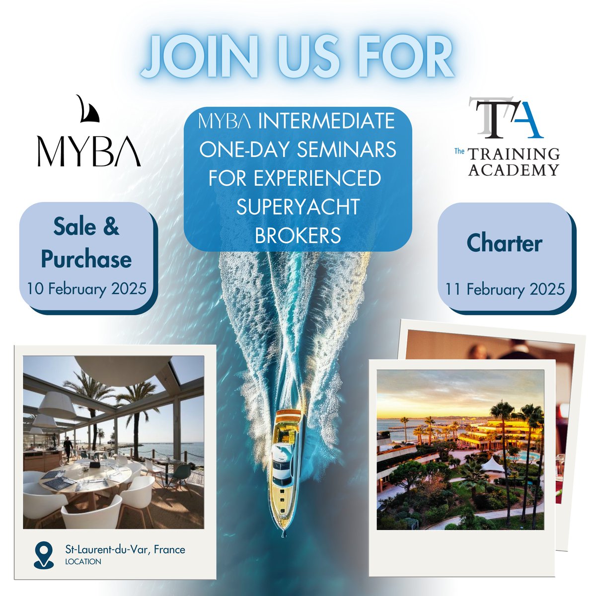 Join us in St-Laurent-Du-Var, France for our 2025 MYBA 1-Day Superyacht Brokers Seminars!
Visit the link in our Bio for more details.

Choose between two incredible options:

🌊 Sale &amp; Purchase
or
🌊 Charter

#MYBA2025 #SuperyachtSeminars #ApplyNow