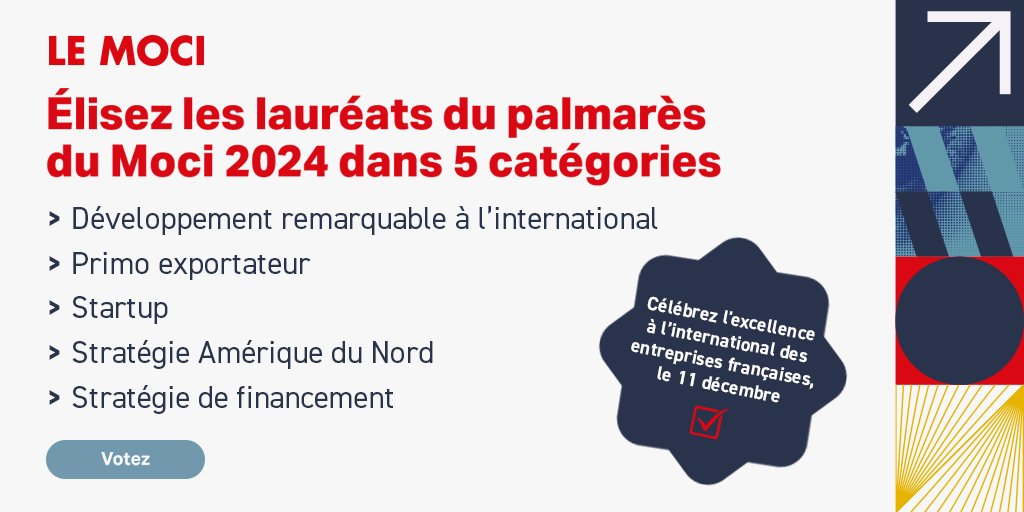 Les PME et ETI françaises rayonnent à l'international dans tous les secteurs. Avec <a href="/CCI_Paris_IdF/">CCI Paris IdF</a> Intl, <a href="/BNPParibas/">BNP Paribas Group</a>, <a href="/businessfrance/">Business France</a>, <a href="/CreditAgricole/">Crédit Agricole</a> et <a href="/stratexio_fr/">Stratexio</a>, valorisez leur succès en votant pour le Palmarès du Moci.

lemoci.com/appel-aux-vote…