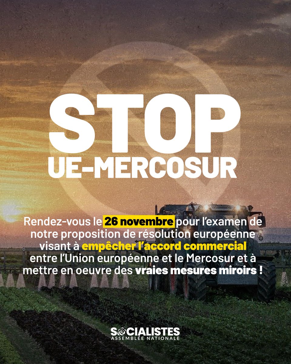 🚜 Nous continuons le combat contre l'accord commercial entre l'UE et le #Mercosur

Nouvelle étape le 26 novembre : notre proposition de résolution sera examinée en commission des affaires économiques.

Pour protéger nos agriculteurs, mettons en œuvre des vraies mesures miroirs !