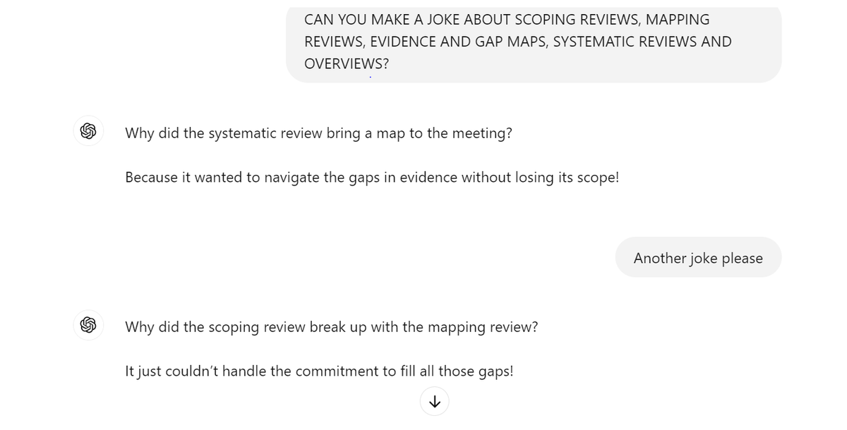 Dr Danielle Pollock (@daniellep89) on Twitter photo Chat GPT may think it's a laughing matter, but we have done the hard work and sorted out the differences between scoping reviews, mapping reviews, EGMs, Overviews and systematic reviews...
jclinepi.com/article/S0895-โฆ
<a href="/ZacMunn/">Zachary Munn</a> <a href="/Hanan2000Khalil/">Hanan Khalil</a> <a href="/ATricco/">Dr. Andrea C. Tricco</a> <a href="/FionaBell19/">Fiona Campbell</a> <a href="/lynzalexander/">Lyndsay Alexander</a> Chat GPT may think it's a laughing matter, but we have done the hard work and sorted out the differences between scoping reviews, mapping reviews, EGMs, Overviews and systematic reviews...
jclinepi.com/article/S0895-โฆ
<a href="/ZacMunn/">Zachary Munn</a> <a href="/Hanan2000Khalil/">Hanan Khalil</a> <a href="/ATricco/">Dr. Andrea C. Tricco</a> <a href="/FionaBell19/">Fiona Campbell</a> <a href="/lynzalexander/">Lyndsay Alexander</a>