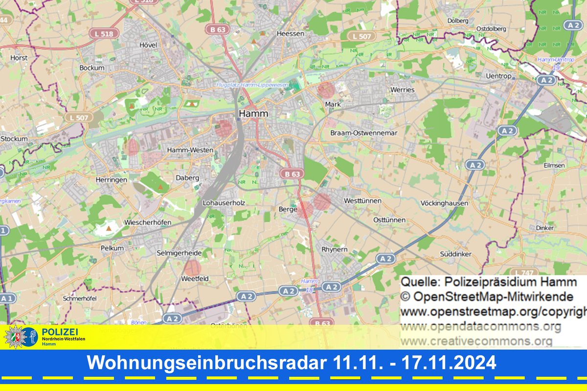 polizei_nrw_ham's tweet photo. Vom 11.11. - 17.11. gab es im Stadtgebiet ein versuchtes und fünf vollendete Einbruchsdelikte. Das zeigt das "Wohnungseinbruchsradar" der Polizei Hamm. 

Wichtig ist es, aufmerksam zu sein und schon bei geringen Verdachtsmomenten den Notruf 110 zu wählen. 

#Polizei #Hamm https://t.co/VluaG1cAN0