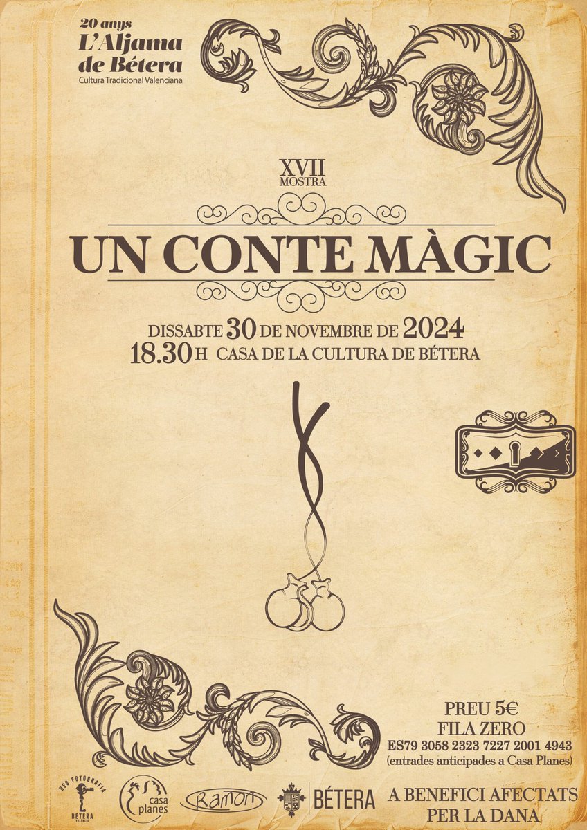 El dissabte 30 de novembre l’Associació Cultural l’Aljama de Bétera presentem la XVII Mostra de Cultura Popular i Tradicional: Un conte màgic.

Els beneficis de l’acte es destinaran als afectats per la DANA. Oberta fila zero.

aljamabetera.com/un-conte-magic…