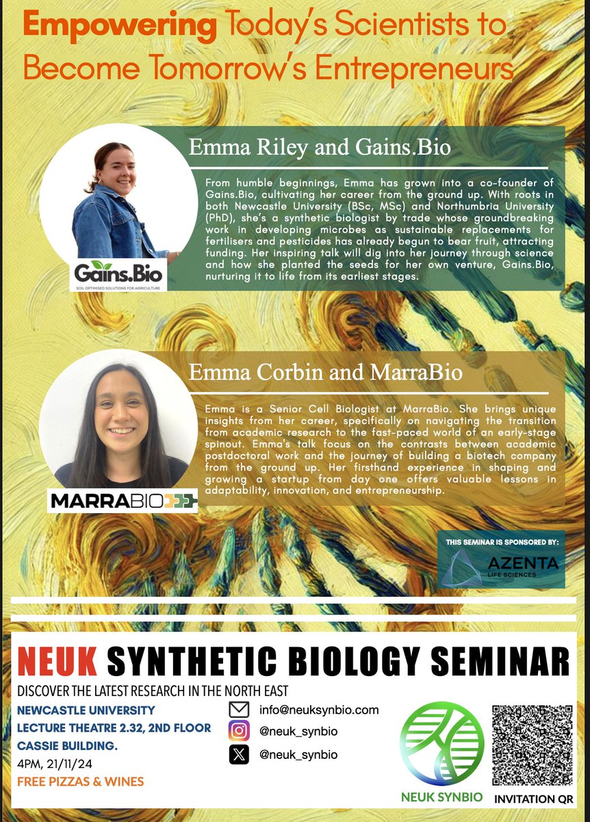 NEUK_SynBio (@neuk_synbio) on Twitter photo Ever thought of turning your research into a biotech startup? ๐+๐ท Join Emma Riley & Emma Corbin for an inspiring chat, Nov 21, 4 PM, Cassie Bldg, LT 2.32, <a href="/UniofNewcastle/">Newcastle University</a>!
#NorthumbriaUni #Bio_Buildings #ICO2S #SciencesNCL #NU_SAgE #CBCB_Newcastle Ever thought of turning your research into a biotech startup? ๐+๐ท Join Emma Riley & Emma Corbin for an inspiring chat, Nov 21, 4 PM, Cassie Bldg, LT 2.32, <a href="/UniofNewcastle/">Newcastle University</a>!
#NorthumbriaUni #Bio_Buildings #ICO2S #SciencesNCL #NU_SAgE #CBCB_Newcastle