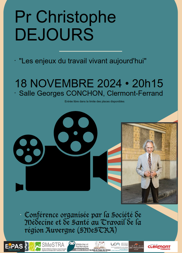 #ClermontFerrand Ce soir, conférence de Christophe Dejours, spécialisé dans les questions de souffrance au travail, et co-signataire du rapport Gollac.
"Les enjeux du travail vivant aujourd'hui"
À 20h15 salle Conchon (Tram Culture).