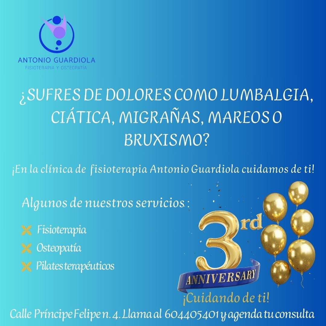 💆‍♂️ ¿Dolores, lumbalgia, ciática, migrañas, mareos o bruxismo? ¡En la Clínica de Fisioterapia Antonio Guardiola tienen la solución! 🙌
📞 ¡No esperes más! Llama al 604 405 401 y agenda tu consulta.
🧘‍♀️ Tu bienestar es su prioridad. ¡Recupérate con los mejores profesionales! 👩‍⚕️