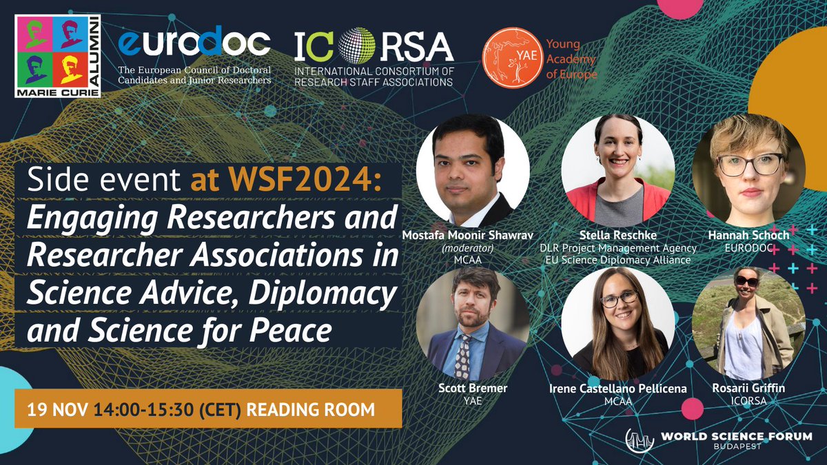 Marie Curie Alumni Association (MCAA) (@mariecurie_alum) on Twitter photo How can researchers and research associations bridge the gap between science and policy to tackle global challenges? 💡
Our side event organised together with Eurodoc, ICORSA, and the Young Academy of Europe at the <a href="/WorldSciForum/">WorldScienceForum</a> 2024 will explore effective strategies for How can researchers and research associations bridge the gap between science and policy to tackle global challenges? 💡
Our side event organised together with Eurodoc, ICORSA, and the Young Academy of Europe at the <a href="/WorldSciForum/">WorldScienceForum</a> 2024 will explore effective strategies for