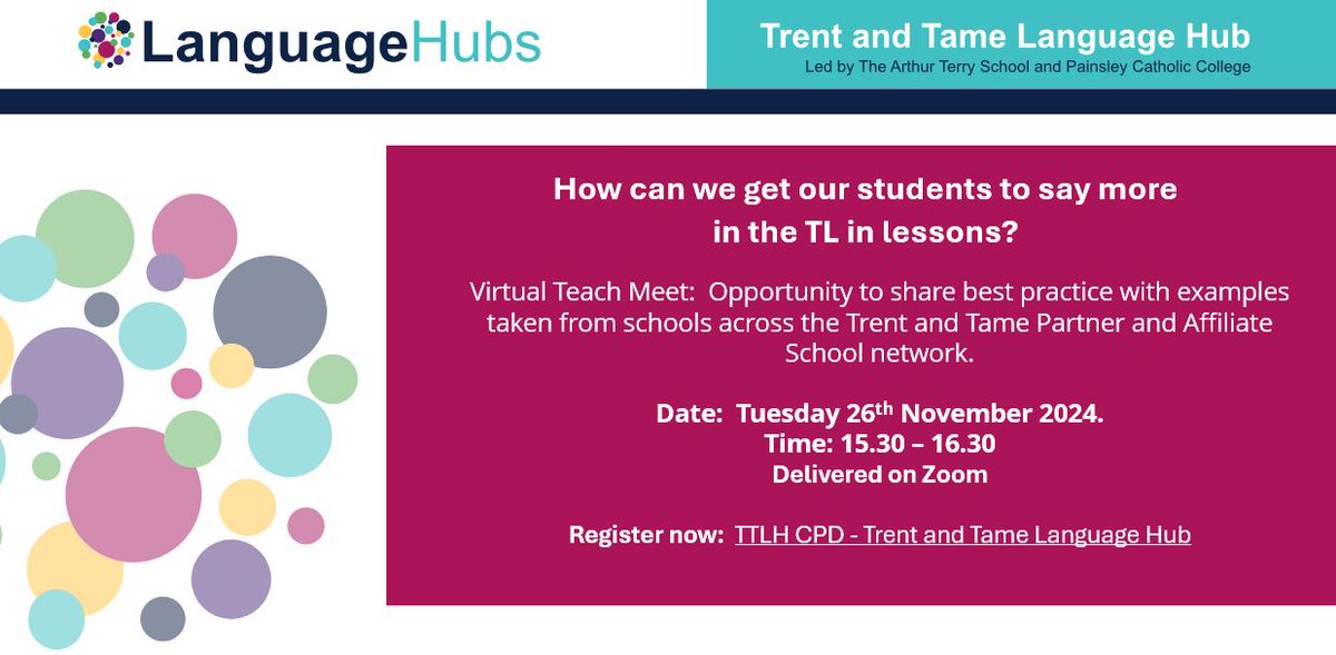 Trent and Tame Language Hub (@trent_and_tame) on Twitter photo Finding ways to get students speaking spontaneously in the TL can be hard! Join the TTLH team at our Motivation and Oracy virtual teach-meet to share success stories and pitfalls to avoid!
📅 Tues 26th Nov
⏲️ 3.30 - 4.30pm
💻 Register at   ttlh.org.uk/cpd/ttlh-cpd/
#LanguageHubs Finding ways to get students speaking spontaneously in the TL can be hard! Join the TTLH team at our Motivation and Oracy virtual teach-meet to share success stories and pitfalls to avoid!
📅 Tues 26th Nov
⏲️ 3.30 - 4.30pm
💻 Register at   ttlh.org.uk/cpd/ttlh-cpd/
#LanguageHubs
