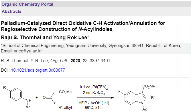 organic_portal's tweet photo. https://t.co/DqQ1PxdhjW
A Pd(II)-catalyzed C(sp3)-H/C(sp2)-H coupling/annulation of anilides and α-dicarbonyl compounds provides diverse N-acyl indoles https://t.co/aAMHEXpVCx