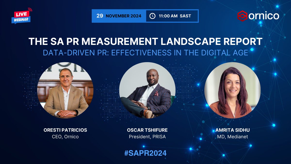 Join us on Nov 29th for a webinar as part of #AMEC's Measurement Month! Learn from top PR experts about Data-Driven PR: Measuring Effectiveness in the Digital Age.

Panelists:

Amrita Sidhu, Medianet
Oresti Patricios, Ornico
Oscar Tshifure, PRISA

🔗 bit.ly/PRMLregister