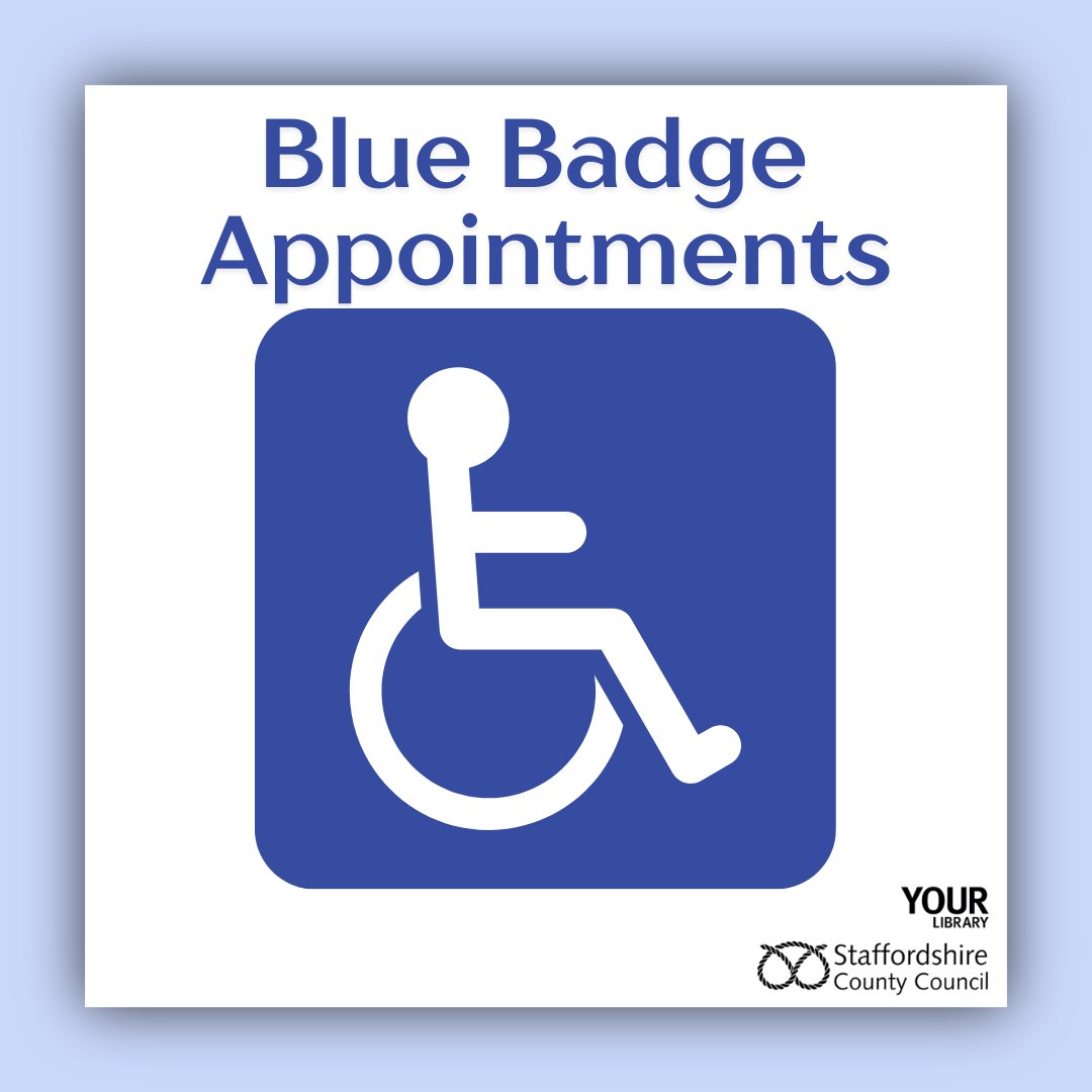 Staffordshire Libraries (@staffslibraries) on Twitter photo Blue Badge Appointments
Do you need help applying for a blue badge?
Appointments are available at #CannockLibrary on Tuesdays & Saturdays
Booking essential; please ask a member of staff at the desk or contact: 01543 334525 or cannock.library@staffordshire.gov.uk <a href="/CityRugeley/">CityLifeRugeleyCannock</a> Blue Badge Appointments
Do you need help applying for a blue badge?
Appointments are available at #CannockLibrary on Tuesdays & Saturdays
Booking essential; please ask a member of staff at the desk or contact: 01543 334525 or cannock.library@staffordshire.gov.uk <a href="/CityRugeley/">CityLifeRugeleyCannock</a>