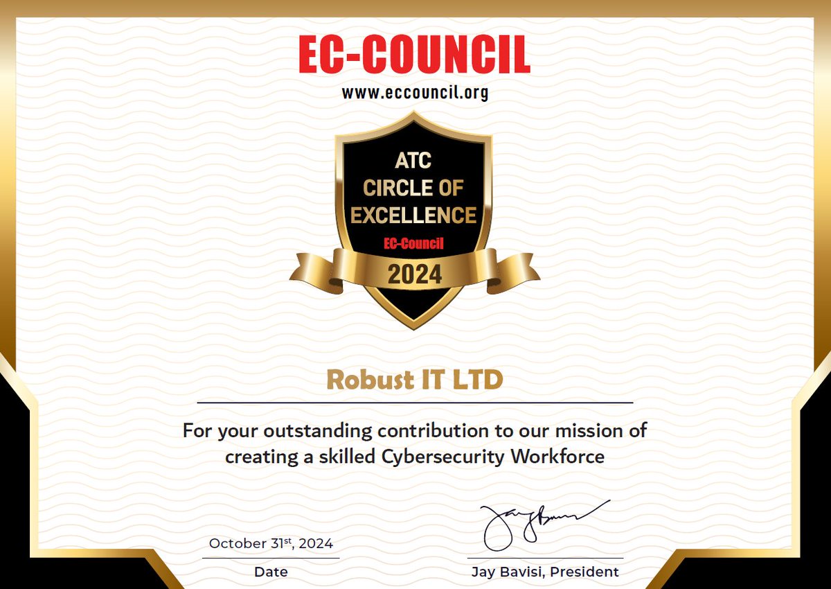 RobustIT's tweet image. 🎉 Two-time winners!

We are thrilled to share that Robust IT LTD has been awarded the EC-Council ATC Circle of Excellence Award for 2024—following our win in 2022!

Here’s to many more years of growth, excellence, and success! 🚀

#ThankYou #ECCouncil #CybersecurityExcellence