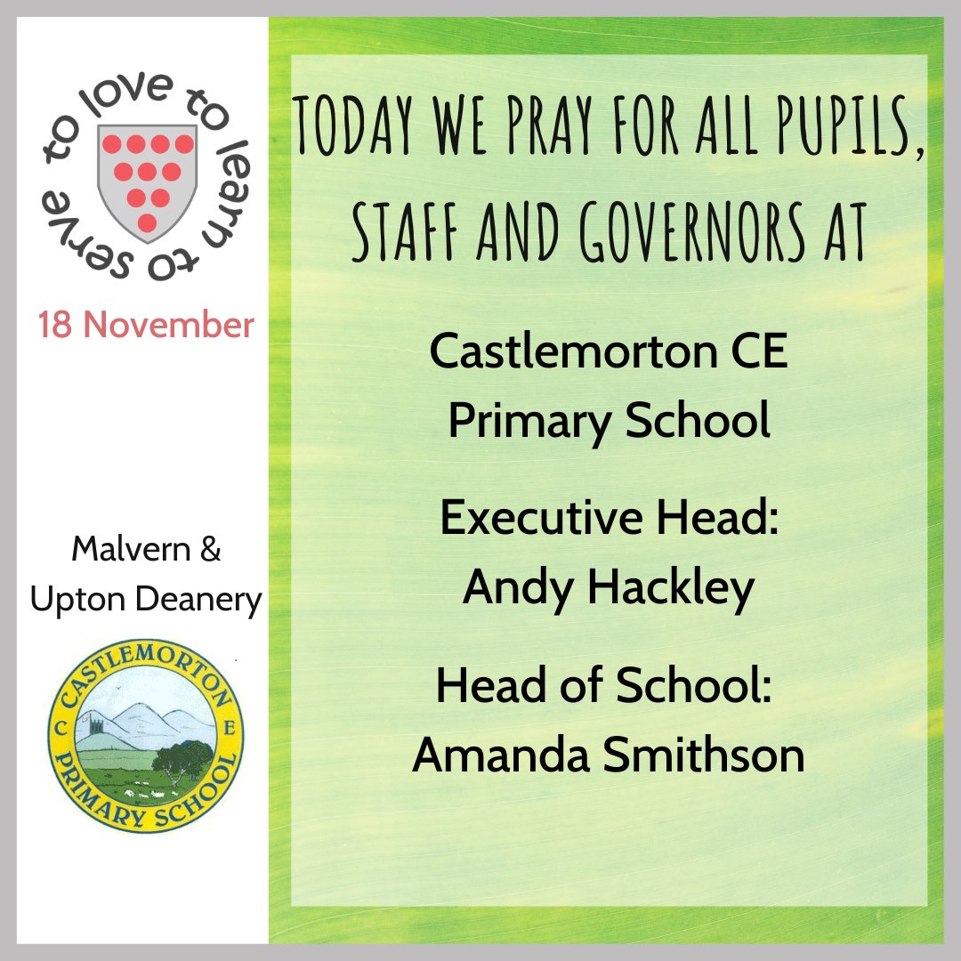 🙏 Today we #pray for all pupils, staff and governors at <a href="/CastlemortonPri/">Castlemorton CE Primary & Pre School - Malvern</a>. Executive Head: Andy Hackley.  Head of School: Amanda Smithson. 

<a href="/D0WMAT/">Diocese of Worcester Multi Academy Trust (DoWMAT)</a>