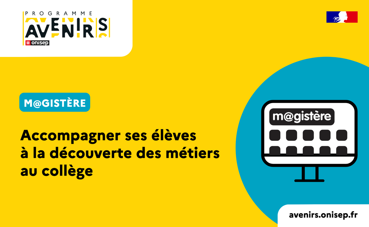 ➡️Référents #DécouverteDesMétiers #collège, <a href="/Onisep/">Onisep</a> vous propose #Magistère en autoformation! Objectif:vous sensibiliser sur la nécessité de faire évoluer les représentations des élèves sur les activités professionnelles et vous accompagner 👉 ow.ly/bMn450U7JBl
#orientation