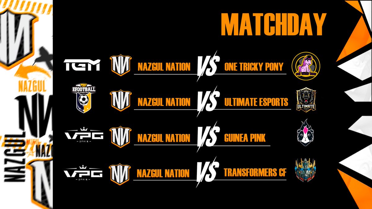 AurumHex's tweet photo. 🔶 MATCHDAY 🔶
Nueva semana, retomando las 4 ligas de este año. 🙌🏻
🏆 @LigaTGM 🆚 @One_TrickPonyFC
🏆 @PLGeFootBall 🆚 @UltimateEsp17
🏆 @VPG_Spain 🆚 @GuineaPinkClub
🏆 @VPG_Spain 🆚 @transformers_cf
#GoNN #GoNazgul #NagulOnTop https://t.co/d0ggdnyqkI