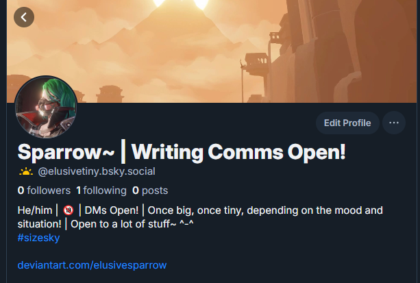 ElusiveTiny's tweet image. Hiya #sizetwitter!~ 🧡👋

I'm not going anywhere, however you can also find me in the place where skies are blue~ I'll stick around on both until this ship starts sinking completely, but feel free to join me there too!~ ^^

Love you all~ 🧡
🧡~Sparrow~ 🧡