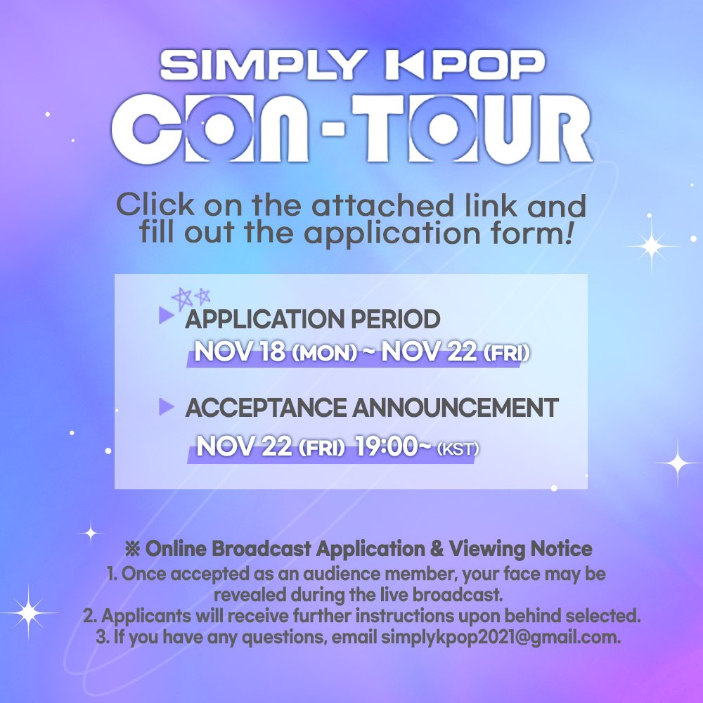 _Simplykpop's tweet photo. ✈SIMPLY K-POP CONTOUR Studio Audience Announcement✈ 

- Date of Visit: Monday, November 25th (7PM)
- Application Period: Monday, November 18th ~ Friday, November 22nd (7PM)

*This is to apply to be part of the STUDIO audience*

https://t.co/DzvhFGgdgK https://t.co/coL3LIDl7r