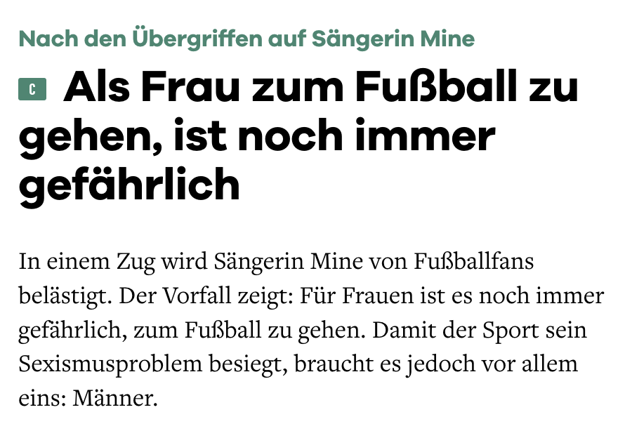 11Freunde_de's tweet image. In der vergangenen Woche berichtete die Sängerin Mine, wie sie in einem Zug von Fans belästigt wurde. Eine Situation, die viele Frauen noch immer im Kontext Fußball erleben müssen. Auch unsere Autorin @hsviftie.
