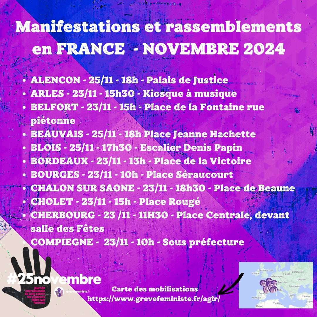 🟣Journée Internationale de lutte contre les violences faites aux femmes.               
Manifestons PARTOUT contre les violences sexistes et sexuelles les 23 et 25 novembre ✊