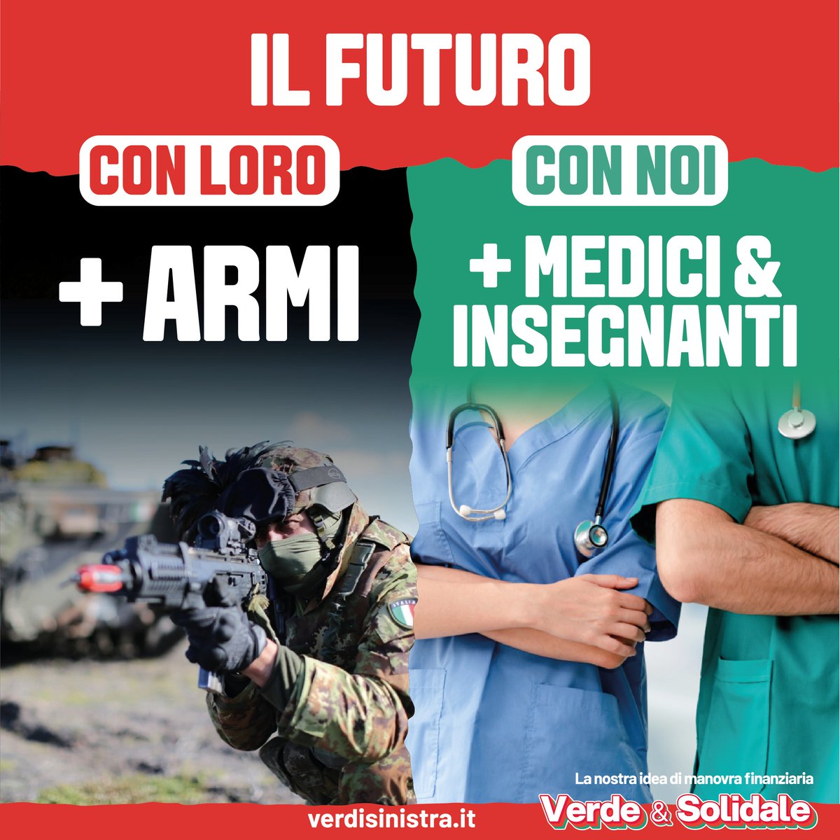 Più medici e insegnanti, meno armi!
Proponiamo una riduzione progressiva delle spese militari e un aumento delle risorse per il Servizio Sanitario Nazionale, la scuola, l'università e la ricerca.
La nostra idea di #Manovra Verde e Solidale di #Avs: verdisinistra.it/manovra-varde-…