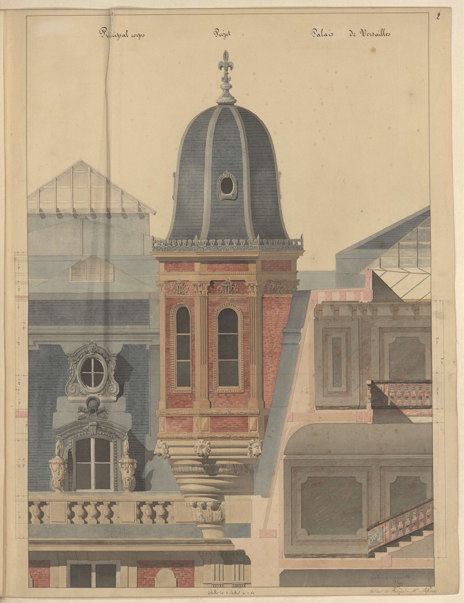 #LundiArchives Dessin d'un projet pour une tourelle située à l’angle de la cour royale du <a href="/CVersailles/">Château de Versailles</a>, 1841.

Si la tourelle a bien vu le jour, son toit a finalement adopté une forme différente de celle imaginée ici.

📷Service des Archives, B26f.2 ➡️ …images.chateauversailles-recherche.fr/?query=search=…