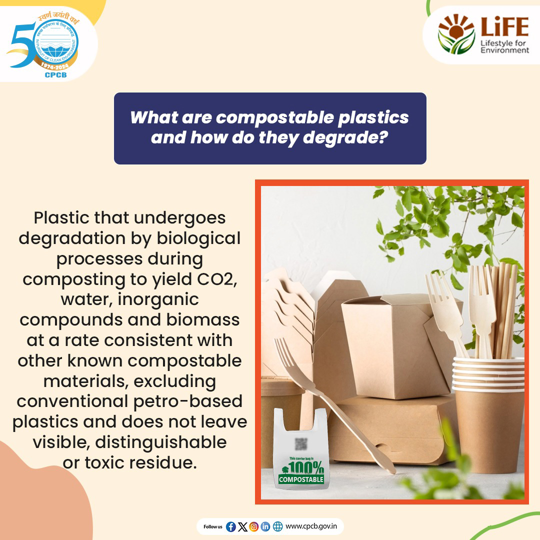 CPCB_OFFICIAL's tweet photo. Compostable plastics are a type of #BiodegradablePlastic that can break down into natural elements through the composting process.

#SayNoToSUP #ReducePlasticPollution #MissionLiFE #CompostablePlastic 

@byadavbjp @KVSinghMPGonda @moefcc @PIB_India @mygovindia https://t.co/sntxkkCtj4