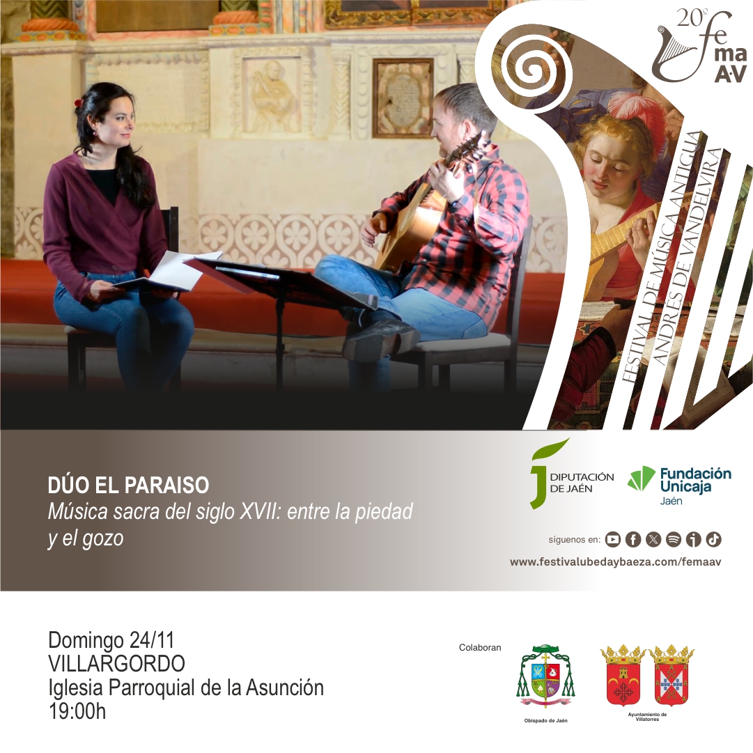 Esta semana en el Festival Vandelvira...

Tres citas con la música antigua el domingo 24 de noviembre. 

📣 Entrada libre.

#femaav2024 <a href="/MusicAlmaCoroyO/">MusicAlma</a> #NumenEnsemble #DuoElParaíso #SantoTomé #Villargordo <a href="/LaGuardiadeJaen/">Ayuntamiento de La Guardia de Jaén</a> <a href="/dipujaen/">Diputación de Jaén</a> <a href="/diocesisdejaen/">Diócesis de Jaén</a> <a href="/FundUnicaja/">Fundación Unicaja</a>