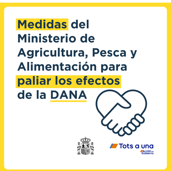 desdelamoncloa's tweet photo. El Gobierno ofrece medidas específicas para agricultores y ganaderos afectados por la DANA.

✅444,5 M€ para reparar daños en cosechas, pérdida de animales, caminos naturales, regadíos o maquinaria agrícola

Más información⬇️
https://t.co/8chHZBBY0n https://t.co/jWsNayw9VO