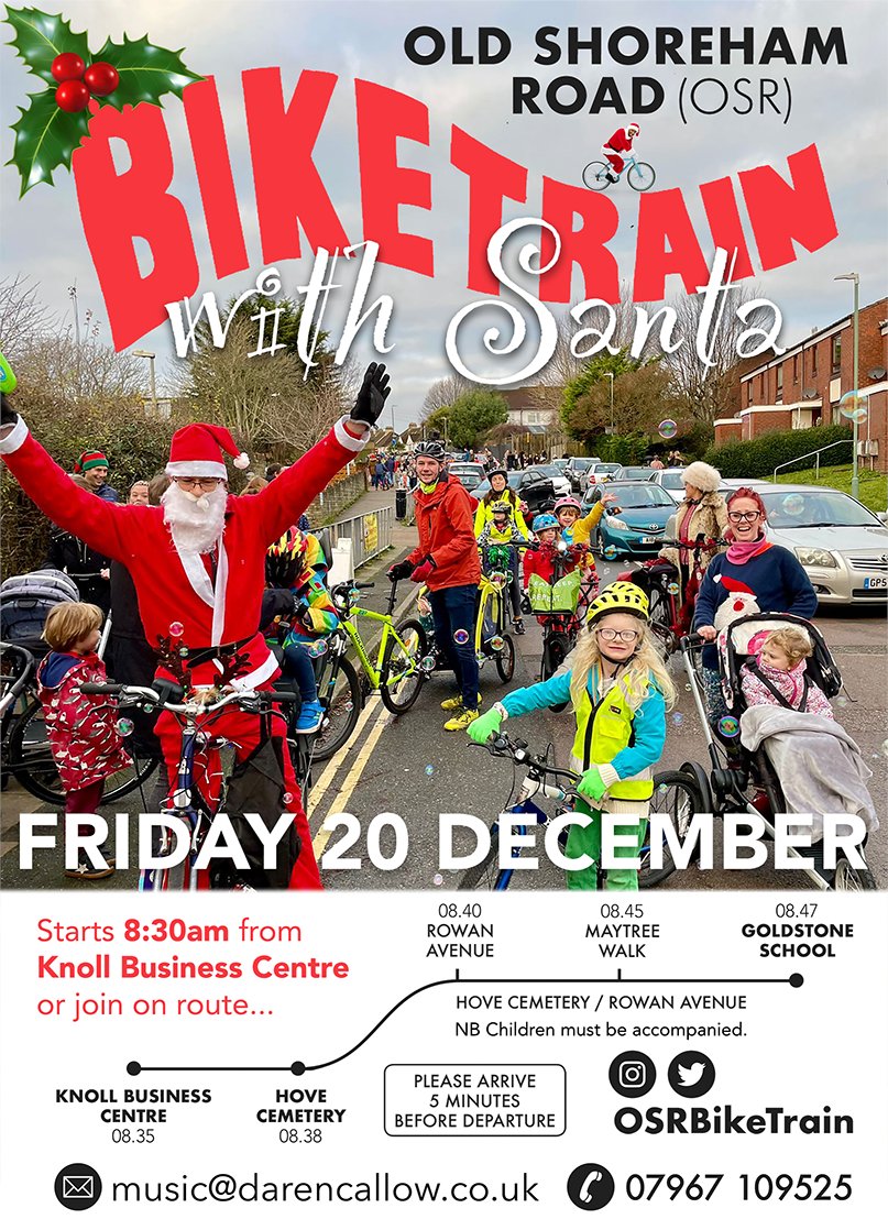 OSRBikeTrain's tweet image. Come and join us for another fun Santa Bike Train! The train will depart at 8:30am from Knoll Business Centre on Old Shoreham Road. Or join us on the route to Goldstone Primary. @Bricycles @Daren68 @BATBrighton @BtonHovePolice @bhlabour @BHGreens