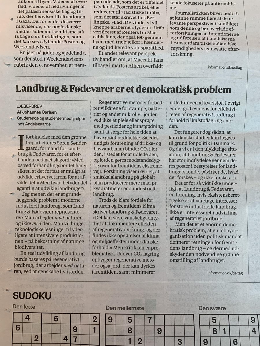 “Det er et stort demokratisk problem, at lobbyorganisationen Landbrug &amp; Fødevarer definerer retningen for fremtidens landbrug.”
Sådan skriver vores seje studentermedhjælper, som også er en del af vores frivillige mediegruppe, Johannes Carlsen, i Information.