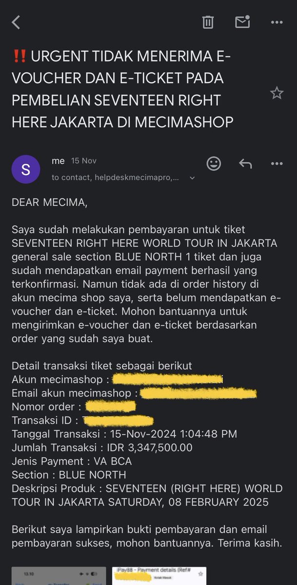 995site's tweet photo. aku up lg ya guys.. kalo ada yg kasusnya kaya aku gak dapet eticket dari web mecima ataupun email, di order history juga gak ada tapi udah payment &amp; dapet email payment success bisa send email ke mecima secara berkala kaya gini ya 🤗 https://t.co/zlU70XdULO