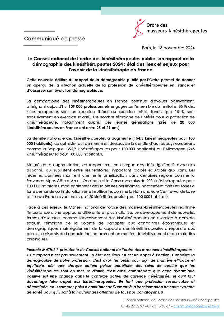 cnomk's tweet image. Le @cnomk publie une nouvelle édition du rapport sur la démographie des kinésithérapeutes en France. Ce document dresse un état des lieux de la profession et met en lumière des défis importants pour l'avenir.
#Santé #Kiné

Retrouver l’intégralité du rapport directement sur notre