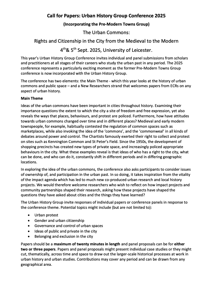 UrbanHistoryCUP's tweet photo. The #UHG2025 Call for Papers is now live!

The Urban Commons: Rights and Citizenship in the City from the Medieval to the Modern

🗓️ 4-5 September
📍 University of Leicester
🔗 https://t.co/jra16kjhRL... https://t.co/B0BYIKhqhh