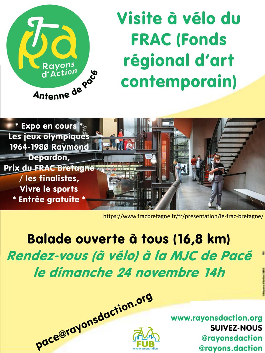 👋Envie d'un bol d'air frais et de culture ce dimanche ? RDV à 14h devant la MJC Pacé pour un départ groupé à vélo vers le @fracbretagne  !