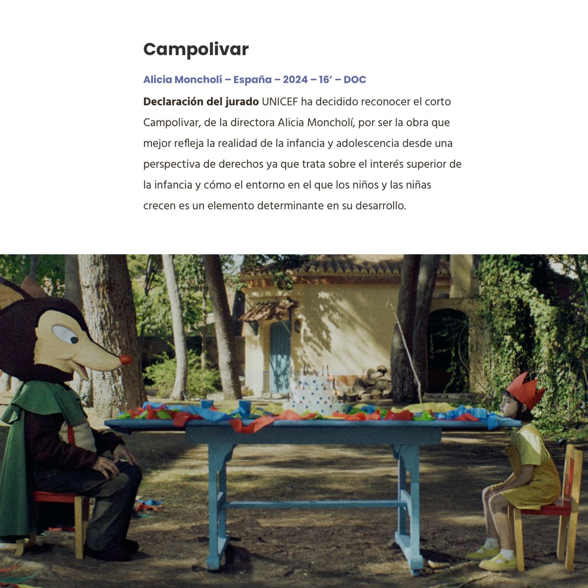 #Campolivar ha ganado el ✨Premio UNICEF de ZINEBI✨, siendo reconocido como el cortometraje "que mejor refleja la realidad de la infancia" 🏆✌🏼Muchas gracias <a href="/ZinebiFEST/">ZINEBI</a>  y <a href="/unicef_es/">UNICEF España</a>  por el premio. ¡Y muchas felicidades Alicia Moncholí por tu sensibilidad y mirada! ❤️
