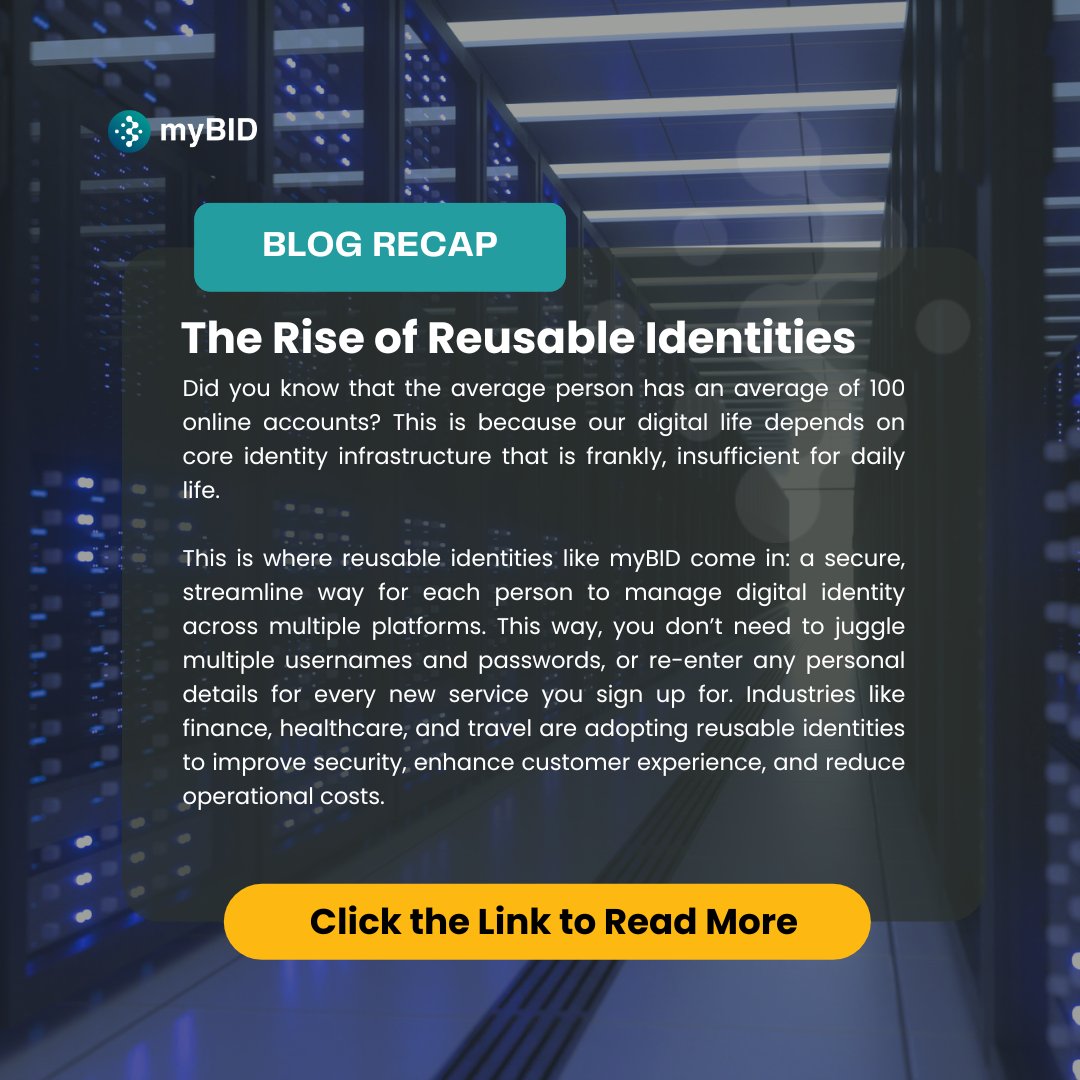 myBIDOfficial's tweet photo. Forget multiple passwords! 🔐🙅Reusable identities offer a streamlined, secure way to manage your digital life. 

📲Learn why they’re the future in our article here : https://t.co/e82xqFcoS8 https://t.co/yCgWo7sYb3