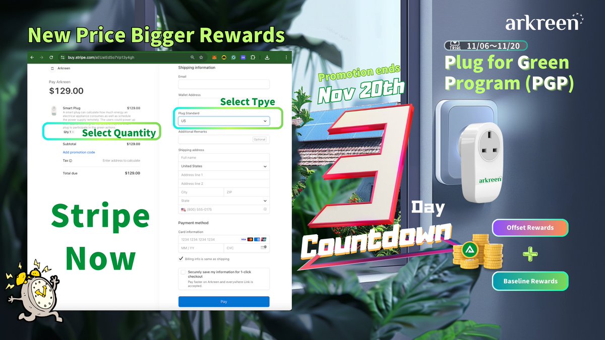 arkreen_network's tweet photo. 🔋🔌 3️⃣Days Left—🚀 New feature alert for Arkreen PGP! We’re now partnered with Stripe @stripe to support new payment options💳. 🎉  🌍 Now you can pay with Visa, MasterCard, and American Express anywhere in the world. 🎉

🌱 🔥 Biweekly PGP Promo Ends Nov 20th ⏳! Get 3 ART with each smart plug purchase 
👉 https://t.co/BUgAjN8Utz

Give it a try today!

#ClimateAction #PGP #CarbonNeutral #Sustainability #GreenFuture $AKRE