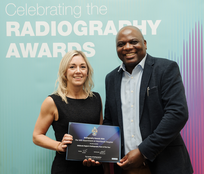 🥇Isaac Chihwe and Faye Priddy collected the Midlands Radiography of Year team award, awarded to the MRI team at the Society of Radiographers ceremony held in London on 7th November 🥳