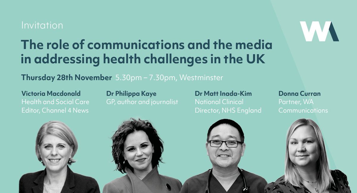 WA Communications (@wa_comms) on Twitter photo Join our panel of leading health communicators <a href="/vsmacdonald/">Victoria Macdonald</a>, <a href="/drphilippakaye/">Dr Philippa Kaye</a> and <a href="/mattinadakim/">Matt Inada-Kim</a>, chaired by WA's Donna Curran, as they discuss the role of the media and communications in addressing some of the biggest health challenges.
✉️RSVP at events.rsvp@wacomms.co.uk Join our panel of leading health communicators <a href="/vsmacdonald/">Victoria Macdonald</a>, <a href="/drphilippakaye/">Dr Philippa Kaye</a> and <a href="/mattinadakim/">Matt Inada-Kim</a>, chaired by WA's Donna Curran, as they discuss the role of the media and communications in addressing some of the biggest health challenges.
✉️RSVP at events.rsvp@wacomms.co.uk