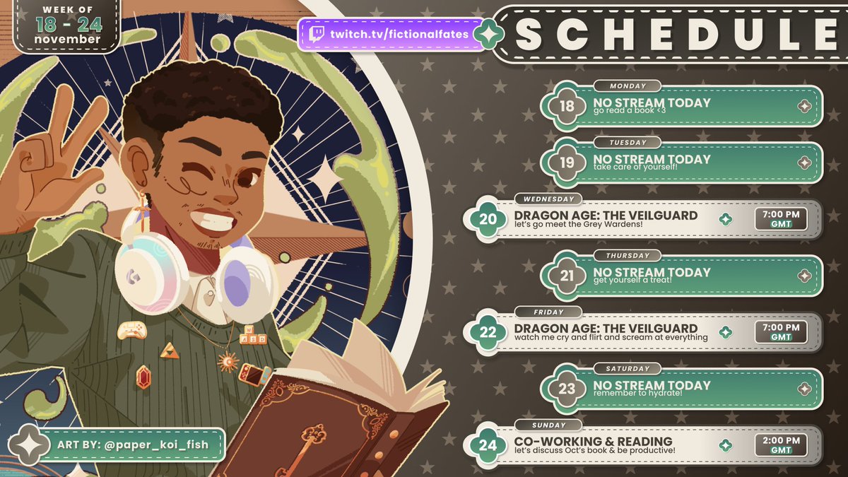 ✨☁️ this week's stream schedule! ☁️✨
we're unlocking Twitch Affiliate this week, i'm so so excited!

⚔️ 20.11 — Dragon Age: The Veilguard
⚔️ 22.11 — Dragon Age: The Veilguard
📖 24.11 — Co-working / Reading (+ Book Club Discussion)

✨ twitch.tv/fictionalfates ✨