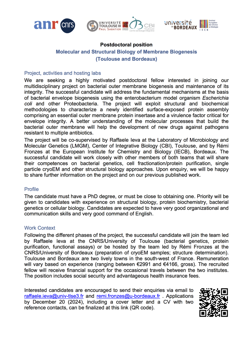 Apply to this PostDoc call on Membrane Biogenesis in the <a href="/RaffaeleIeva/">Raffaele Ieva</a> and @fronzeslab.bsky.social , a Toulouse-Bordeaux collaborative project