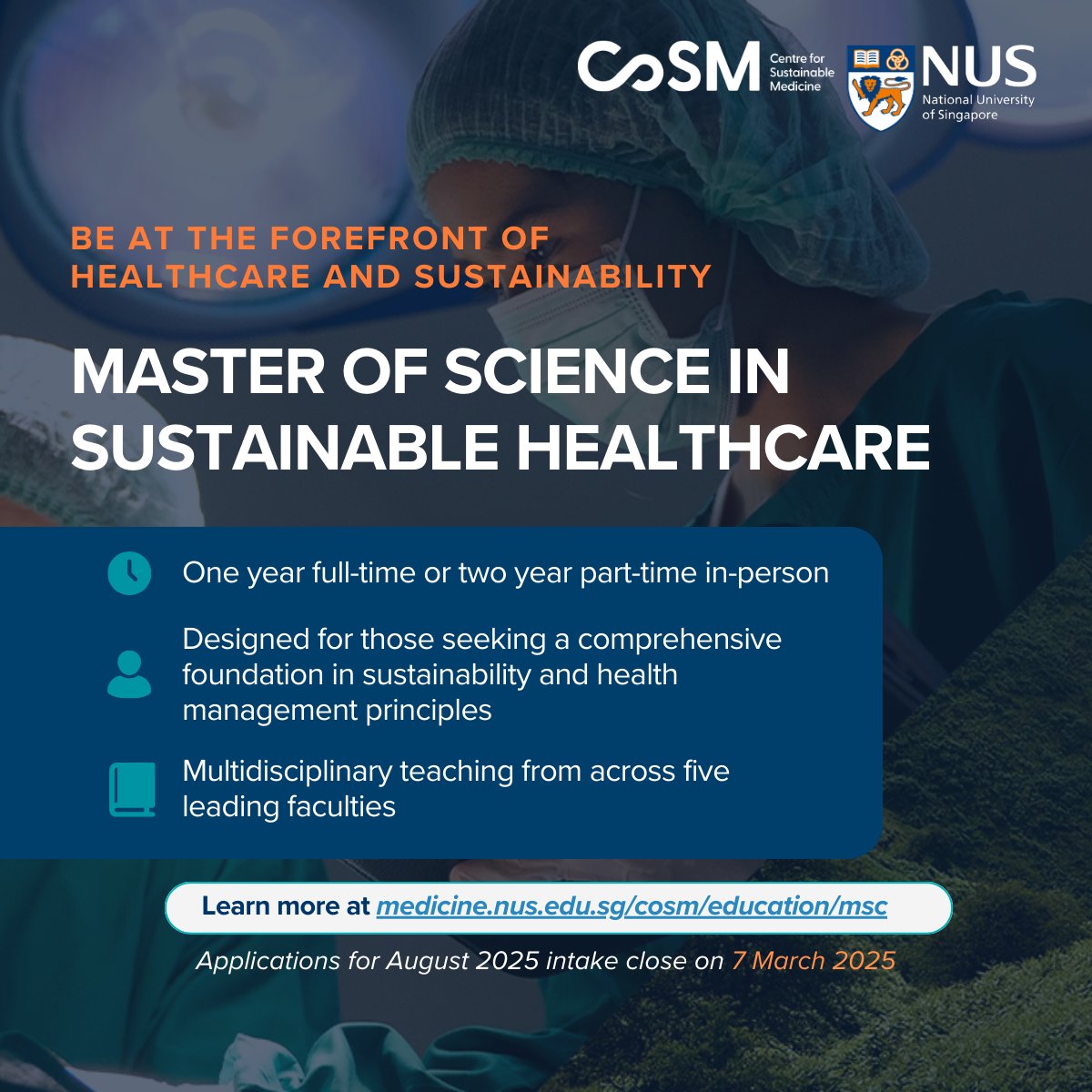 Today we launched 2 new educational programmes:
- an MSc in Sustainable Healthcare &amp;
- an Executive Fellowship in Sustainable Healthcare.

🚀 Apply now to take your career to the next level &amp; join us in our mission to decarbonize healthcare. 🧵

medicine.nus.edu.sg/cosm/education/