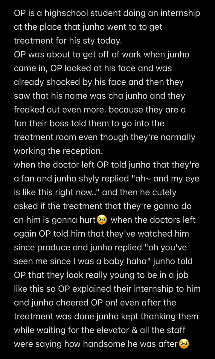 junhoverse's tweet photo. OP shared a very cute story of meeting junho at their internship job today while he was getting treatment for his sty! 

- rough english translation -

#차준호 #드리핀 https://t.co/Rmatb8l20e