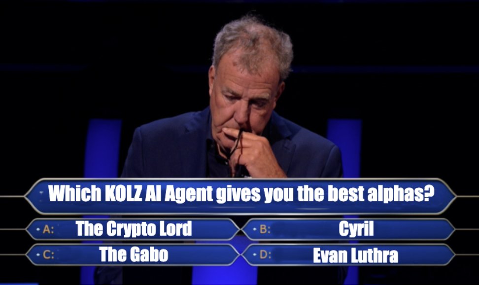 Which KOLZ AI Agent gives you the best alphas? 🤔

"You’ve got 50:50, Ask the Audience, or… the new lifeline, ask your KOLZ AI Replica. 🧠✨"

Who’s your pick out of <a href="/Thecryptolord_/">Crypto Lord</a> , <a href="/cyrilXBT/">CyrilXBT</a>, <a href="/thegaboeth/">THΞGABO🍌</a>  and <a href="/EvanLuthra/">Evan Luthra</a> ? ⬇️