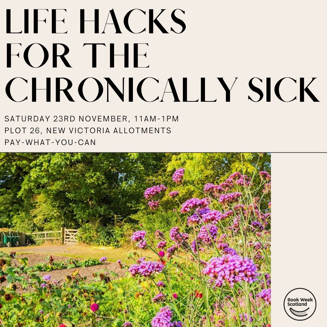 2 tix left for Life Hacks for the Chronically Sick this Sat! 
Part of #BookWeekScotland, spend a quiet morning in the garden with other people who experience fatigue. We'll think up and share our life hacks and and turn our ideas into a collective zine.

glasgowzinelibrary.com/events/2024/11…